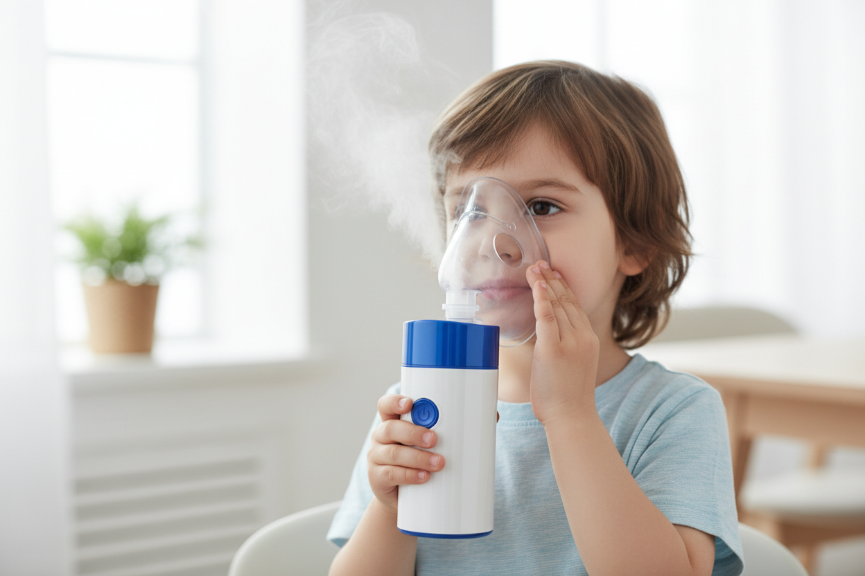 Enhanced Professional Prompt (Product-Accurate)

A portable rechargeable nebulizer with a compact handheld design. The device has a white body with blue accents, including a blue top cap and a blue power button on the front. It features a transparent, contoured face mask made of clear plastic, attached to the top section with a visible mist chamber. The nebulizer produces a fine white mist from the mask area. The main scene shows a young child using the device, holding the white-and-blue nebulizer with one 